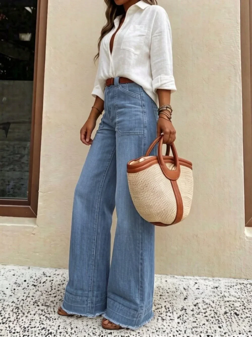 Light Wash Casual Women's High-Quality Denim Wide Leg Jeans - Picture 4 of 5